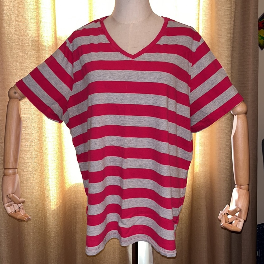 Faded Glory Essential Tee Fuchsia and Gray Stripe V Neck Short Sleeve Womens 3X
